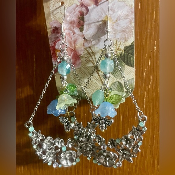 Vintage Upcycled Floral Silver Green and Blue Dangle Earrings - Picture 6 of 10
